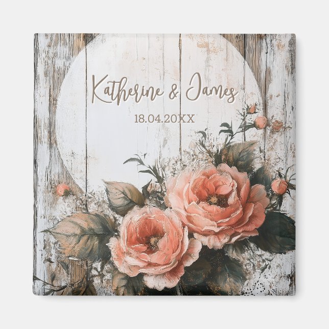 Rustic Wedding Sign with Custom Names and Date Magnet (Front)