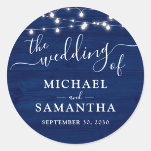 Rustic Wedding Simple Elegant Blue Wood Classic Round Sticker