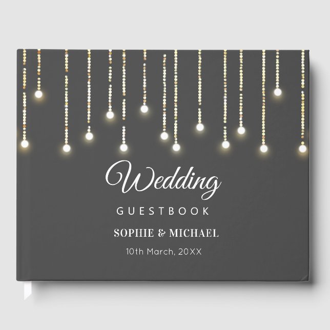 Rustic Wedding String Lights Black White Guest Book (Front)