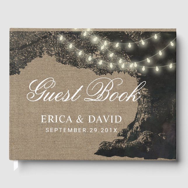 Rustic Wedding String Lights Vintage Tree Guest Book (Front)