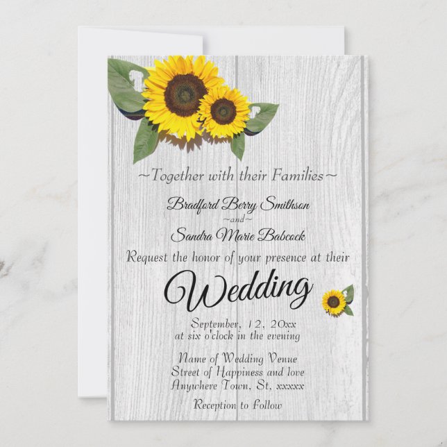 Rustic Wedding  Sunflower Barn Wood Grey Invitation (Front)