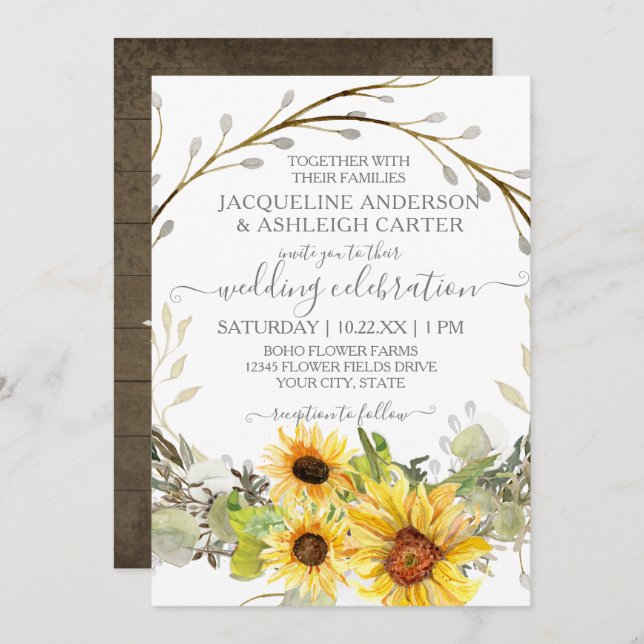Rustic Wedding Sunflower Floral Wreath Watercolor Invitation (Front/Back)