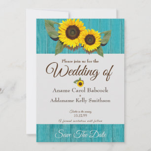 Rustic Wedding  Sunflower Teal Grey Wood Chic Save The Date