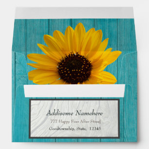 Rustic Wedding Sunflower Teal n Grey Wood Envelope