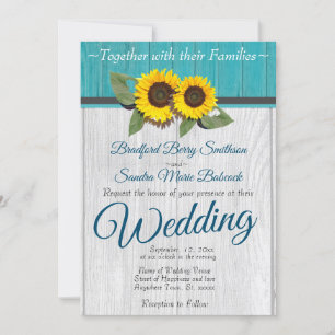 Rustic Wedding  Sunflower Teal Wood Grey Stripe In Invitation