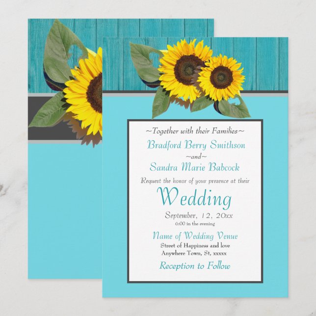 Rustic Wedding  Sunflower Teal Wood Grey Stripe Invitation (Front/Back)
