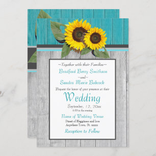 Rustic Wedding  Sunflower Teal Wood Grey Stripe Invitation