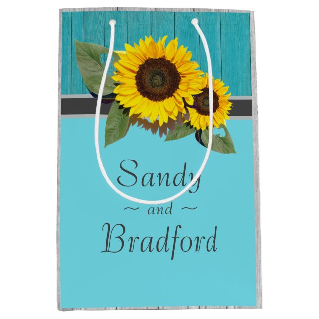 Rustic Wedding Sunflower Teal Wood Grey Stripe Medium Gift Bag (Front)