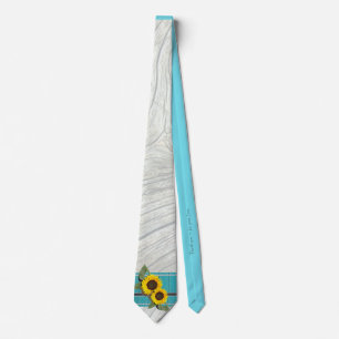 Rustic Wedding Sunflower Teal Wood Grey Stripe Tie