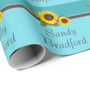 Rustic Wedding Sunflower Teal Wood Grey Stripe Wrapping Paper