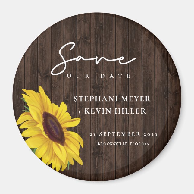 Rustic Wedding Sunflower Wood Design Save The Date Magnet (Front)
