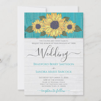 Rustic Wedding Sunflower Yellow Teal Grey Wood  Invitation