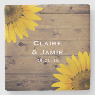 Rustic Wedding Sunflowers Wood Country Monogram Stone Coaster