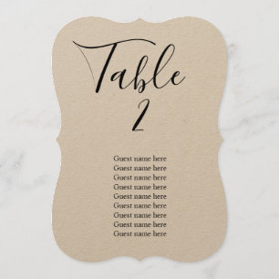 Rustic wedding table number card with guest names
