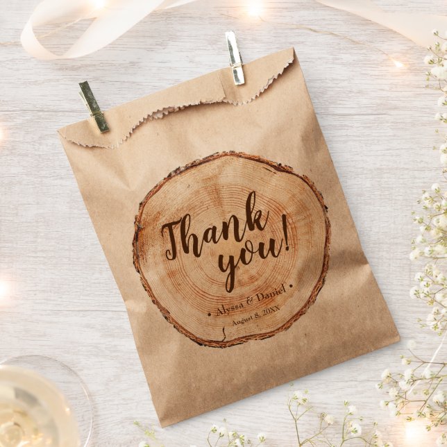 Rustic wedding tree rings Script names Thank you Favour Bag (Clipped)