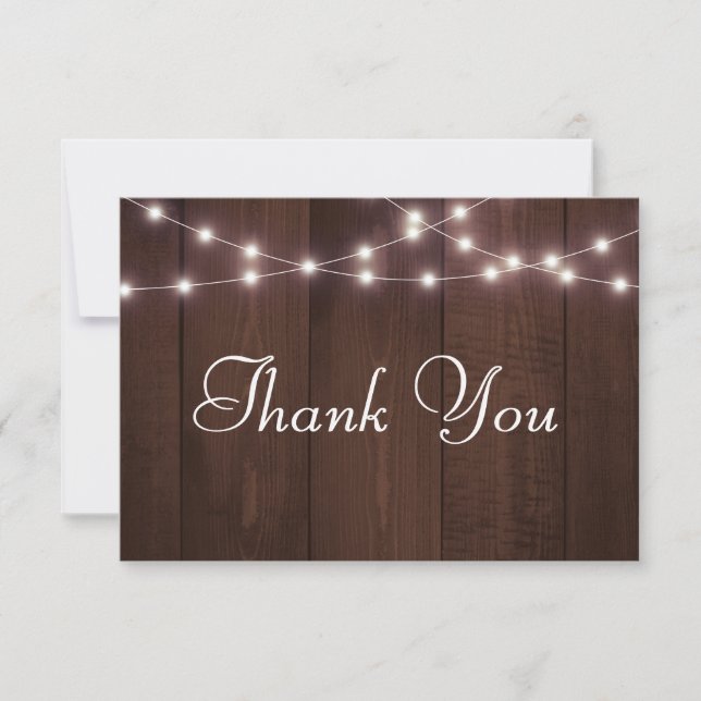 Rustic Wedding Typography Sting Lights Wood Thank You Card (Front)