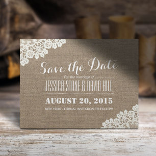 Rustic Wedding Vintage Laced Burlap  Announcement Postcard