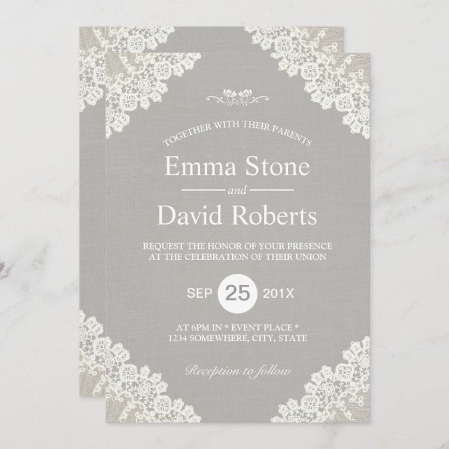 Rustic Wedding Vintage White Lace Elegant Grey Invitation (Front/Back)