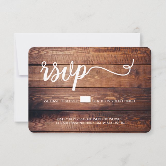 Rustic wedding website Wood grain reserved seat  RSVP Card (Front)