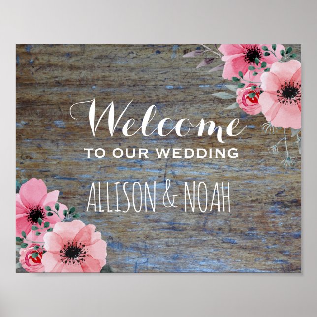 Rustic Wedding Welcome Sign | Floral Woodgrain (Front)