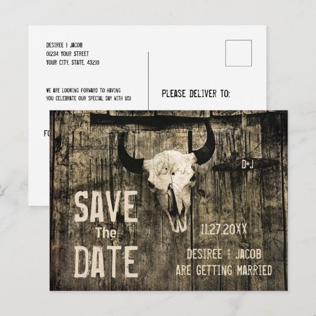 Rustic Wedding Western Cow Skull Save The Date Announcement Postcard (Front/Back)