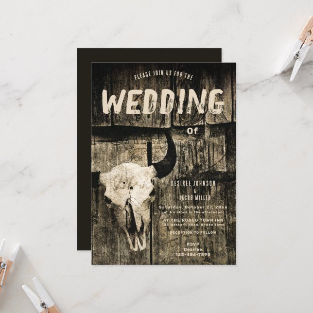 Rustic Wedding Western Rodeo Sepia Bull Skull Invitation (Front/Back In Situ)