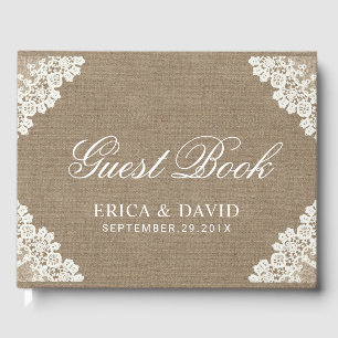 Rustic Wedding White Lace & Burlap Vintage Guest Book