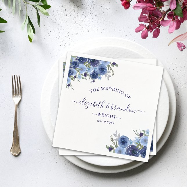 Rustic Wedding with Blue navy Watercolor Flowers Napkin (Creator Uploaded)