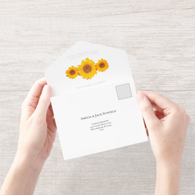 rustic wedding with sunflowers - in cream all in o one invitation (Opening)