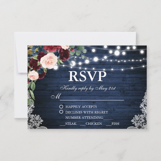 Rustic Wedding Wood Blue Burgundy Floral RSVP Meal Card (Front)