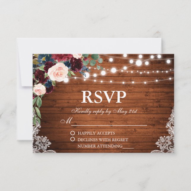Rustic Wedding Wood Burgundy Blue Floral RSVP Card (Front)