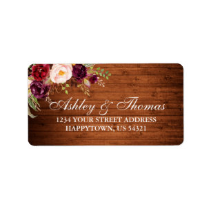 Rustic Wedding Wood Burgundy Floral Address Label