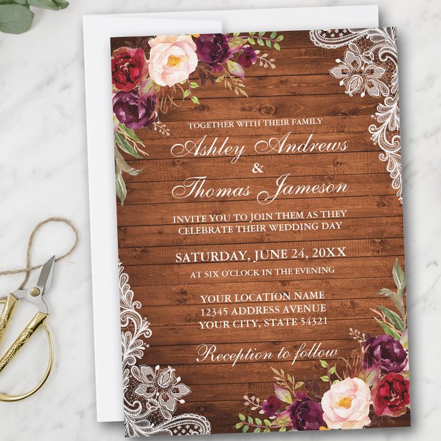 Rustic Wedding Wood Burgundy Floral Lace Invite (Customize to add more text or photos to back of card.)