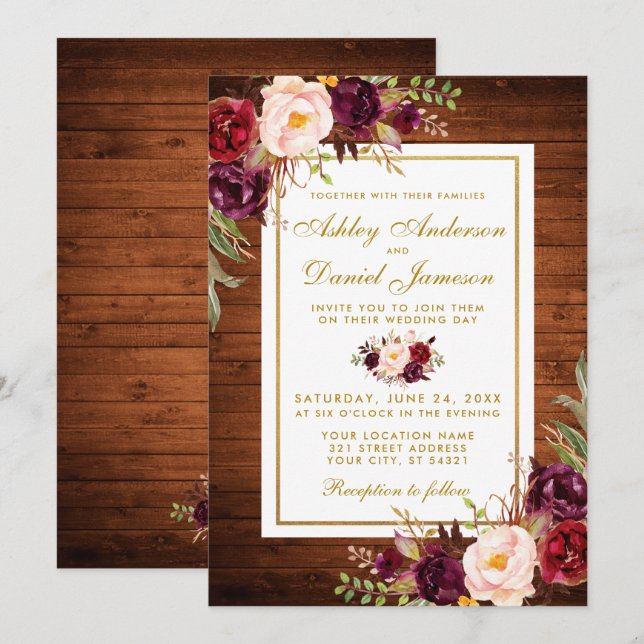 Rustic Wedding Wood Burgundy Floral Wedding Invite (Front/Back)