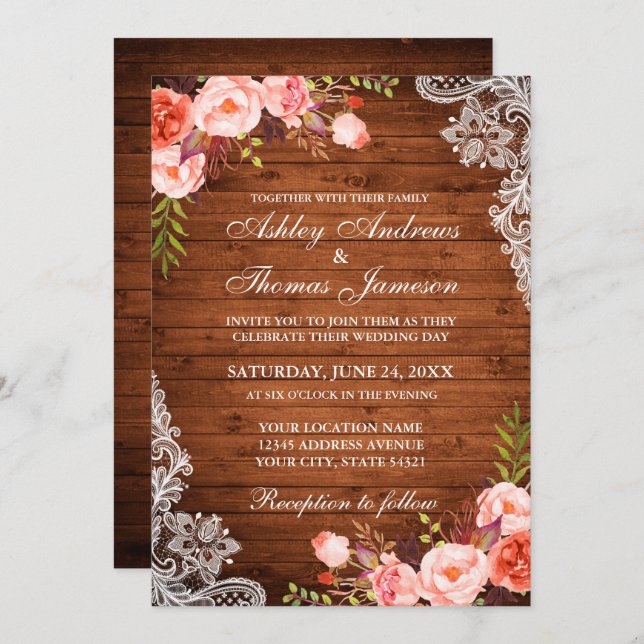 Rustic Wedding Wood Coral Floral Lace Invite (Front/Back)