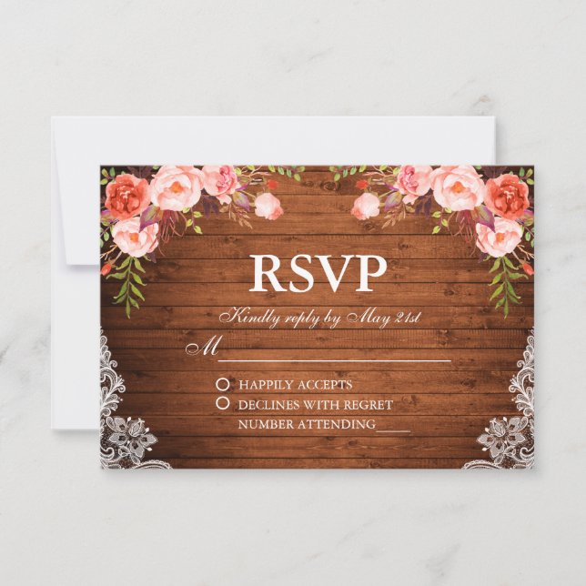 Rustic Wedding Wood Coral Floral Lace RSVP (Front)