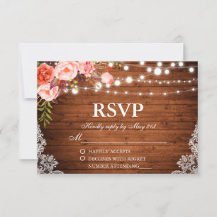 Rustic Wedding Wood Coral Floral Lights Lace RSVP Card