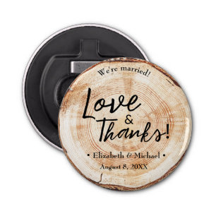 Rustic Wedding wood Cut Disc Love and Thanks Bottle Opener
