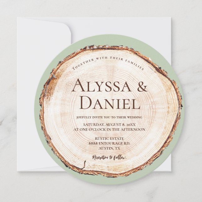 Rustic Wedding Wood Cut Grain Green Custom Invitation (Front)