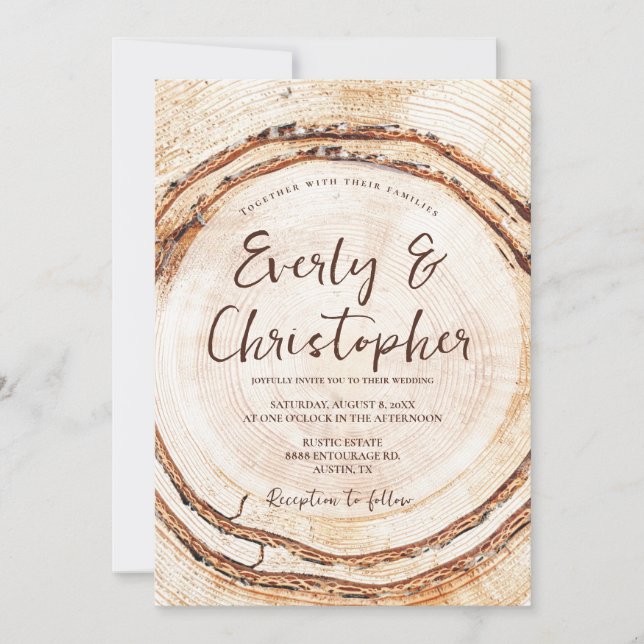 Rustic Wedding Wood Cut Slice Customisable Invitation (Front)