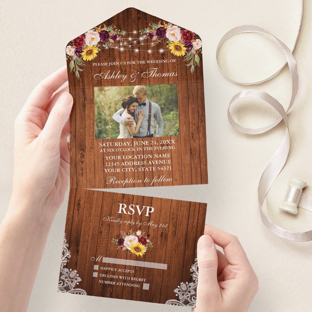 Rustic Wedding Wood Floral Lights Lace Photo All In One Invitation (All In One Wedding Invitation with tear off RSVP Card)