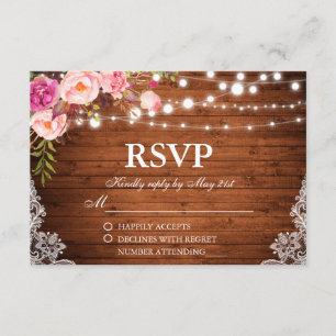 Rustic Wedding Wood Floral Lights Lace RSVP Card