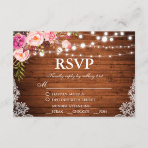 Rustic Wedding Wood Floral Lights Lace RSVP w/Meal Card