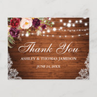 Rustic Wedding Wood Floral Lights Lace Thank You