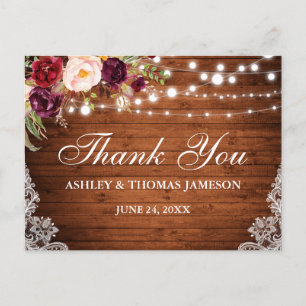 Rustic Wedding Wood Floral Lights Lace Thank You Postcard