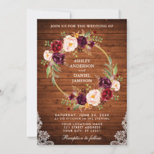 Rustic Wedding Wood Floral Wreath Lace Invite