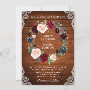 Rustic Wedding Wood Floral Wreath Lace Invite B