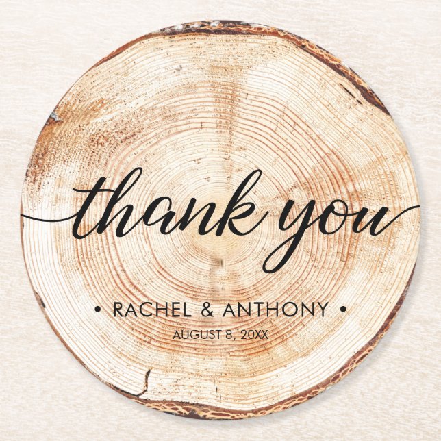 Rustic Wedding Wood Grain Thank You Round Paper Coaster (Front)
