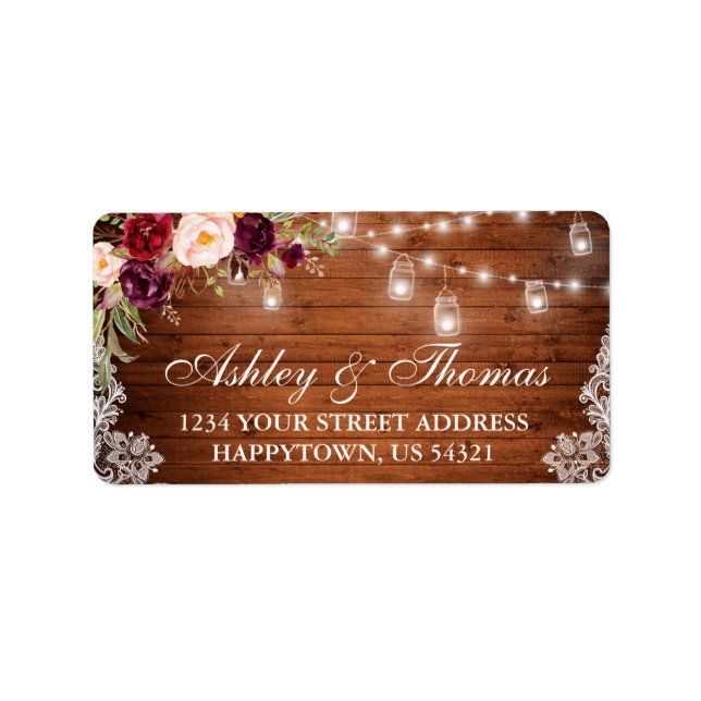 Rustic Wedding Wood Jar Lights Lace Floral Address Label (Front)