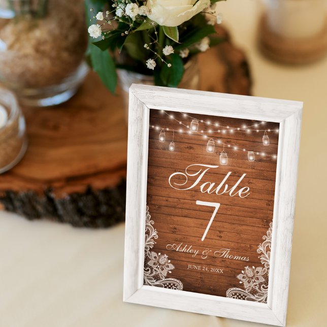 Rustic Wedding Wood Jar Lights Lace  Table Number (Rustic Table Card with Mason Jar String Lights.)